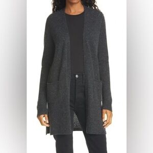 ATM Cashmere Open Front Cardigan Sweater in Grey Donegal